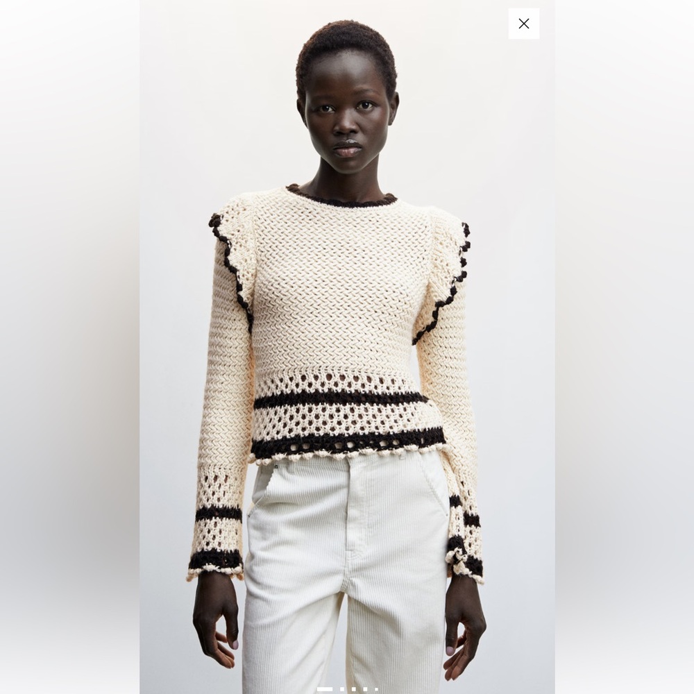 Mango Black & Cream Knit Sweater With Ruffled Open Work Details